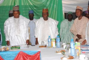 Kashim Shattima Borno state Governor Chairman Northern governors forum, Abdulazeez Yari Governor of Zamfara state and Aminu Bello Masari Governor of Katsina state during a meeting of northern governors forum in kaduna. PHOTO NATH JIBRIN 